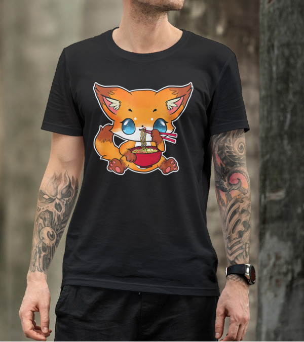 Kawaii Japanese Anime Fox Eating Ramen With Chopsticks T-Shirt