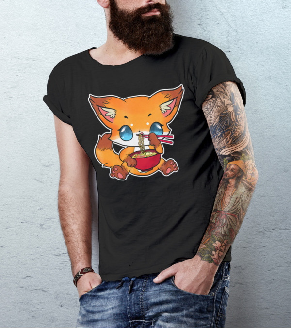 Kawaii Japanese Anime Fox Eating Ramen With Chopsticks T-Shirt
