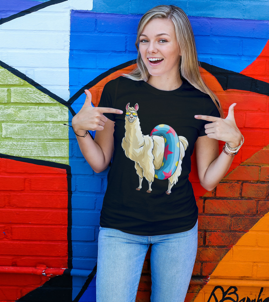 Llama Alpaca Tropical Summer Swimming With Sunglasses And Float Tube T-Shirt