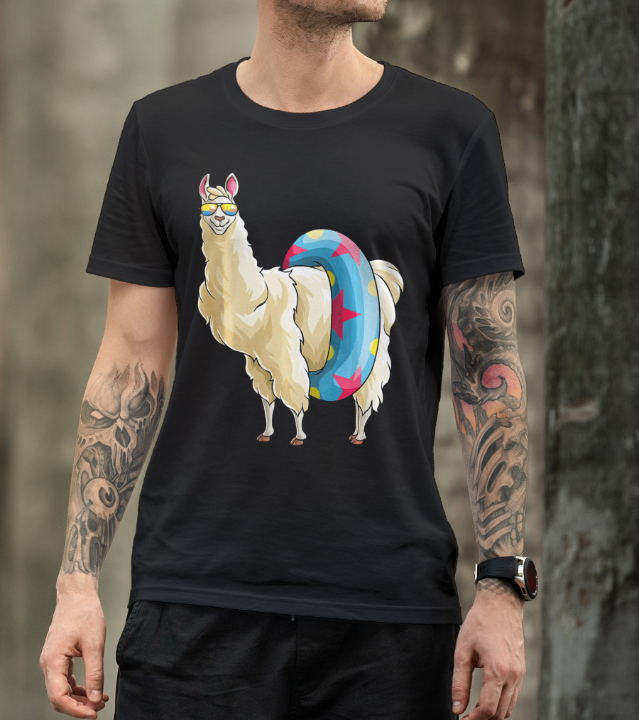 Llama Alpaca Tropical Summer Swimming With Sunglasses And Float Tube T-Shirt
