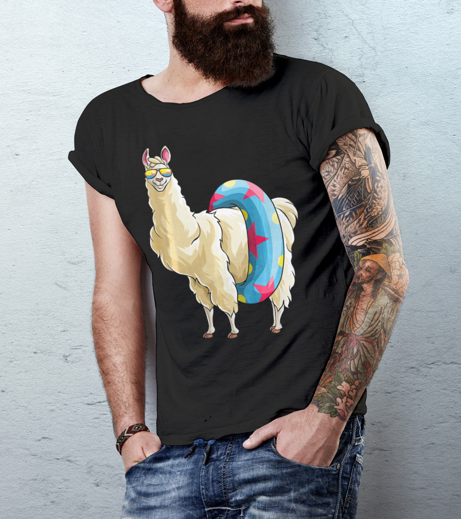 Llama Alpaca Tropical Summer Swimming With Sunglasses And Float Tube T-Shirt