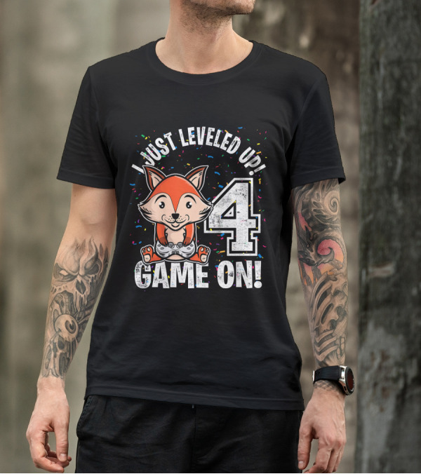 I Just Leveled Up 4 Years Old Birthday Red Fox Game On T-Shirt