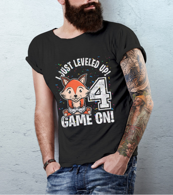 I Just Leveled Up 4 Years Old Birthday Red Fox Game On T-Shirt