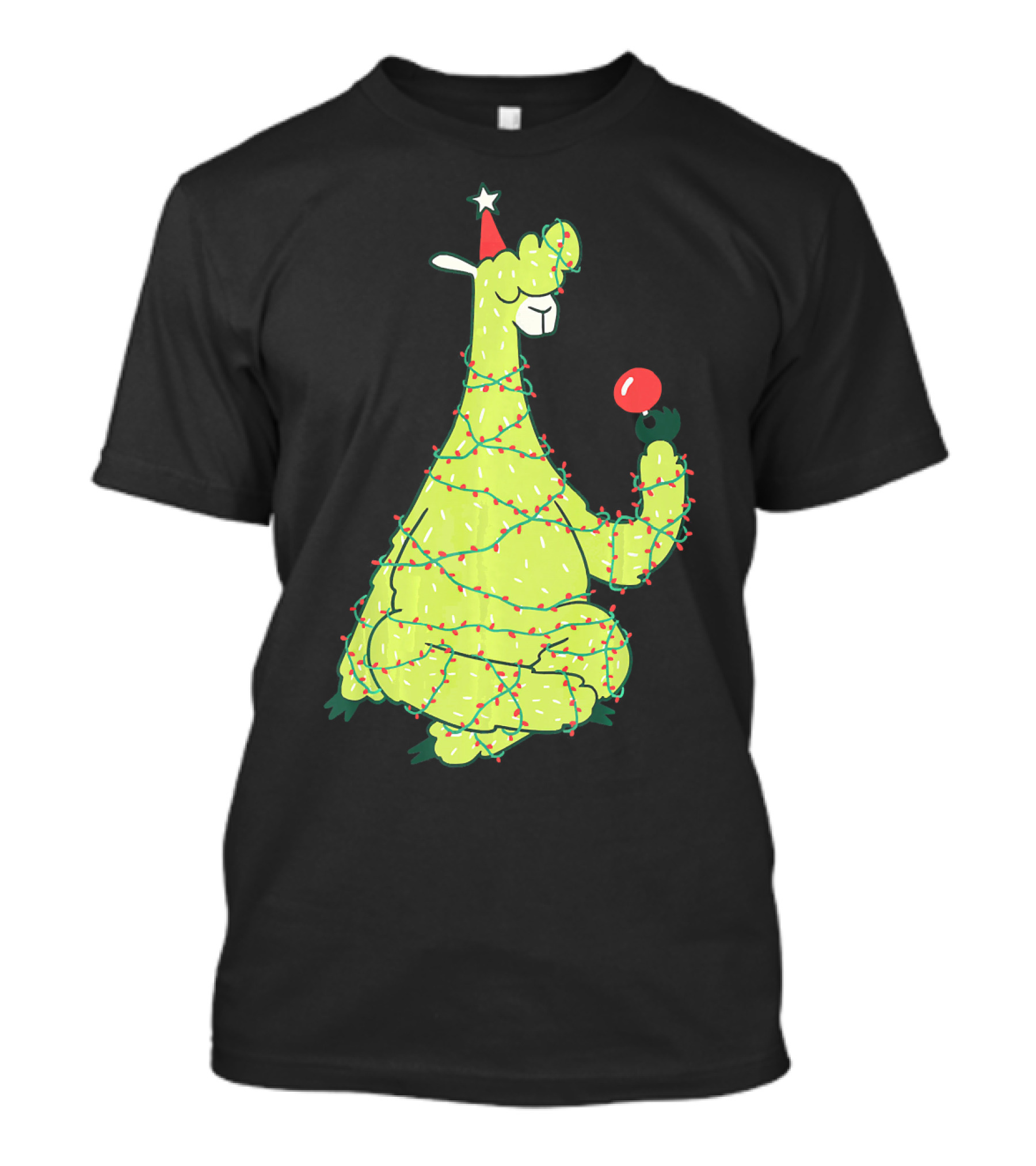 Llama Wrapped In Christmas Lights Holding Ornament Funny Animal Alpaca Christmas Tree T-Shirt