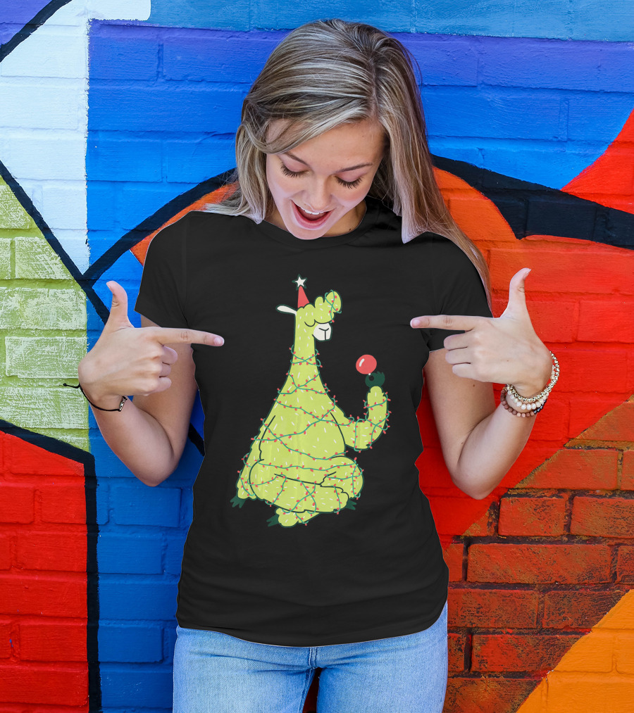 Llama Wrapped In Christmas Lights Holding Ornament Funny Animal Alpaca Christmas Tree T-Shirt
