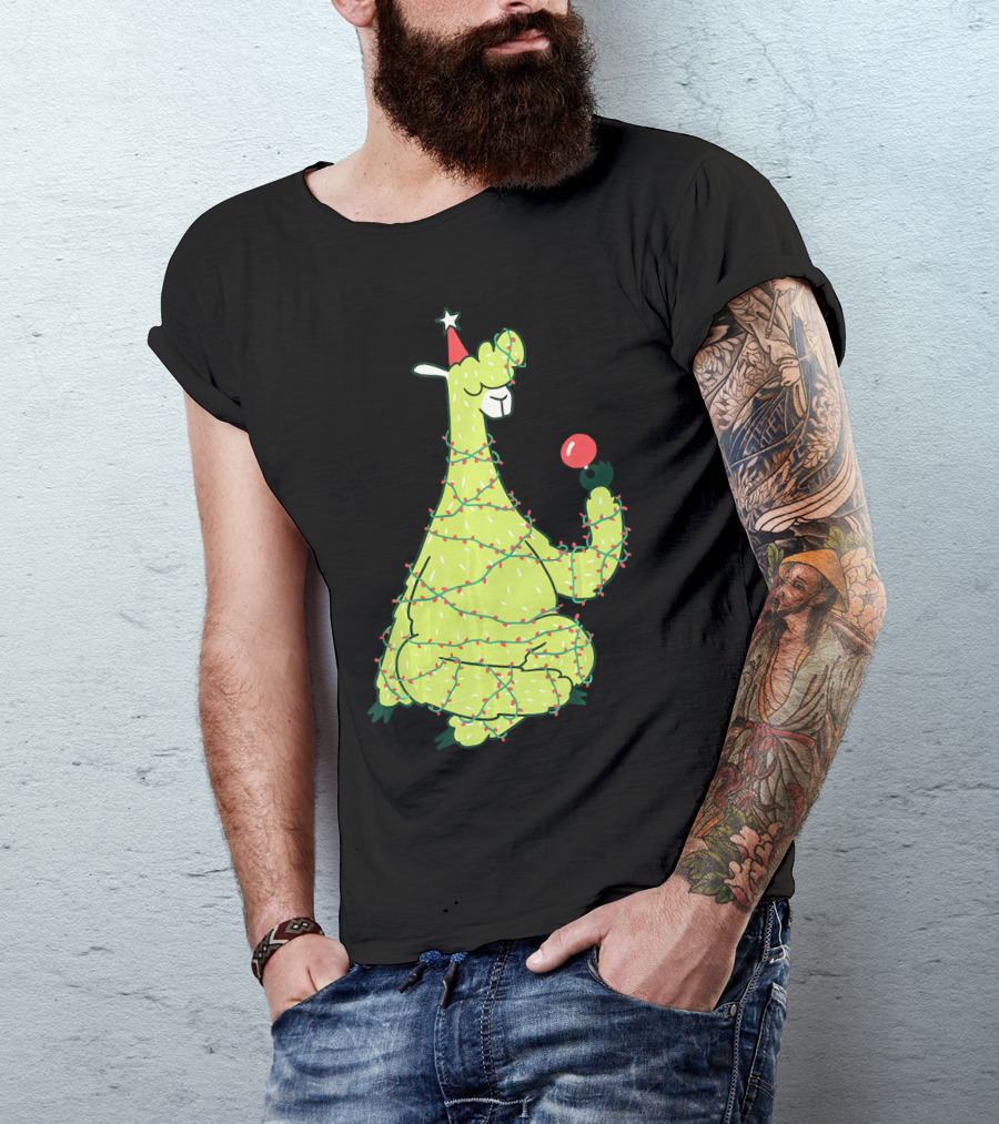 Llama Wrapped In Christmas Lights Holding Ornament Funny Animal Alpaca Christmas Tree T-Shirt