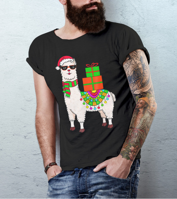 Llama Alpaca Xmas Santa Hat Sunglasses Festive Presents T-Shirt