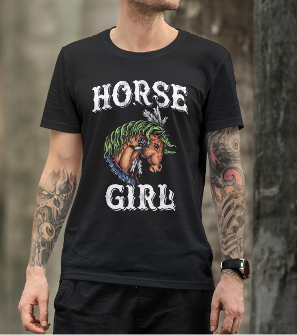HORSE GIRL EQUESTRIAN DECORATED FEATHERS AND COLORFUL MANE T-Shirt