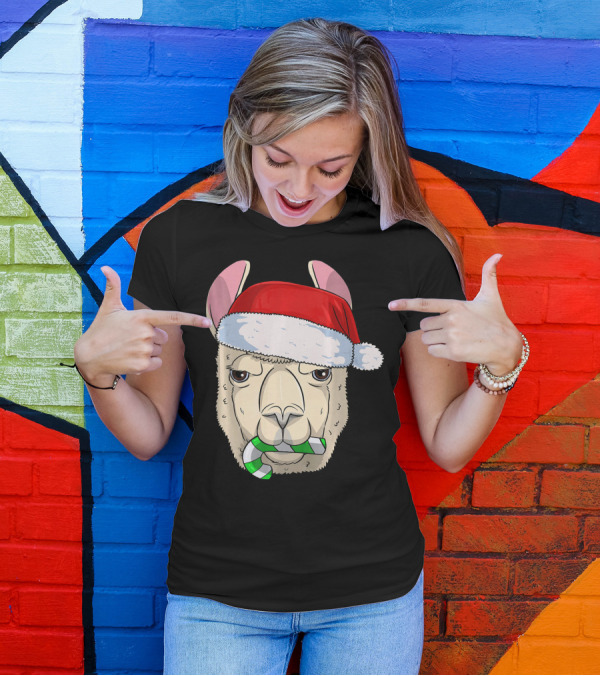Llama Alpaca Santa Hat Candy Cane T-Shirt
