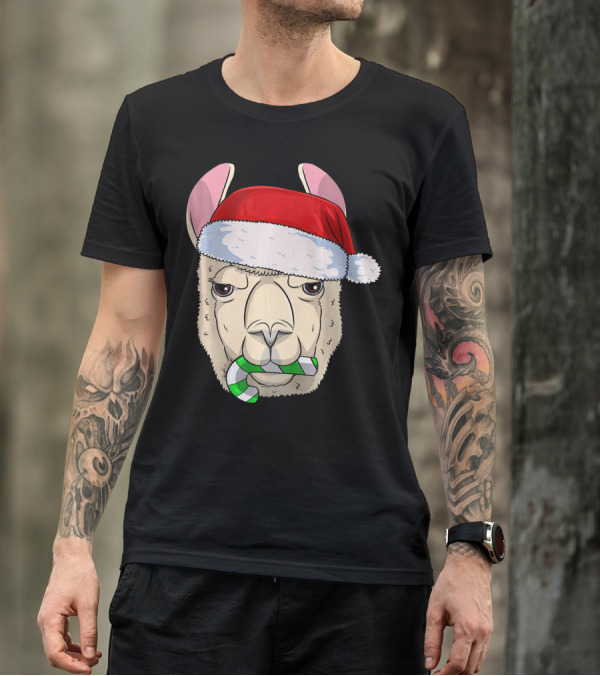 Llama Alpaca Santa Hat Candy Cane T-Shirt