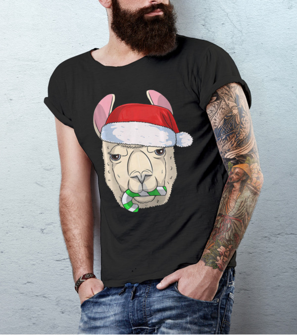 Llama Alpaca Santa Hat Candy Cane T-Shirt