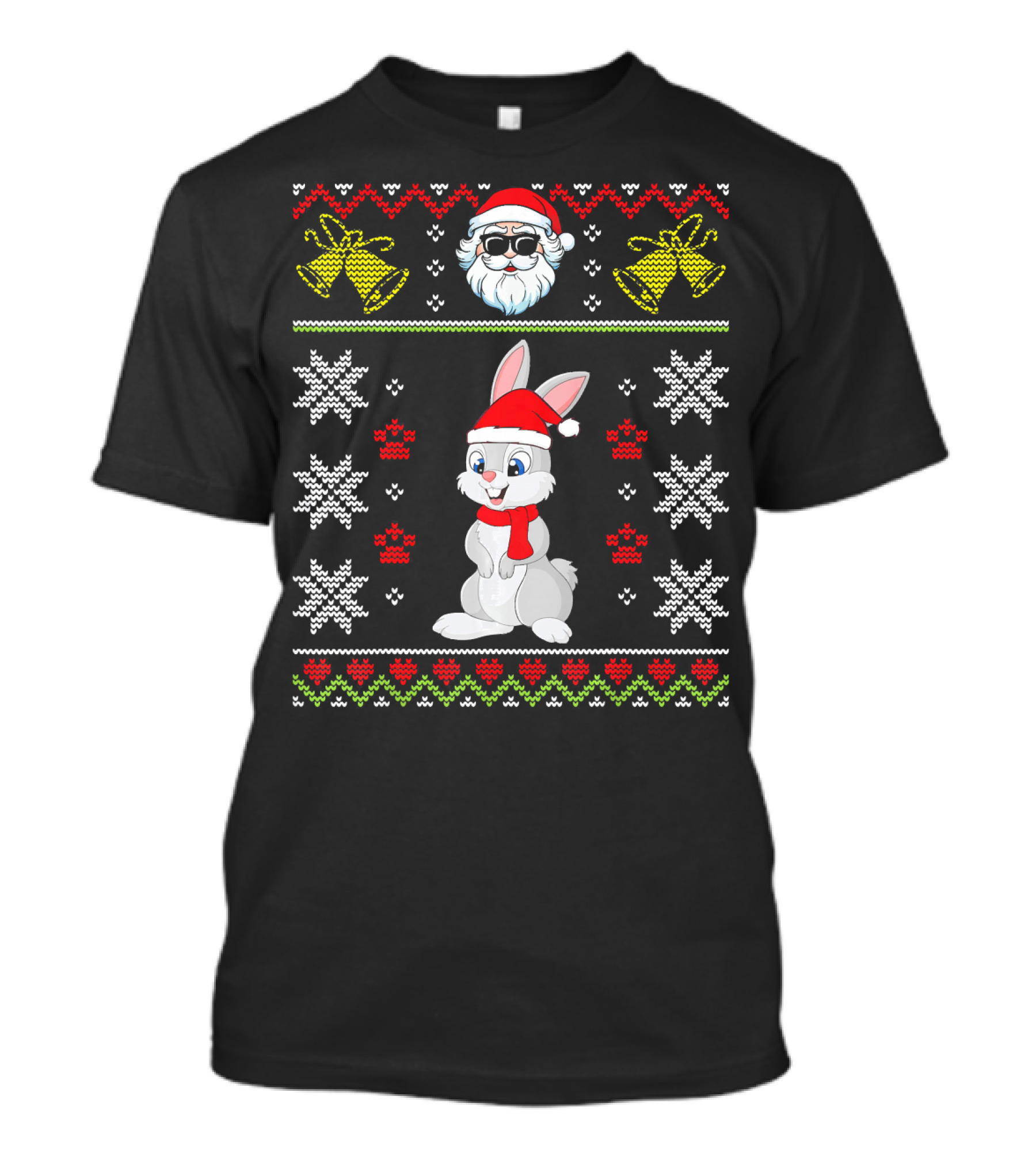 Lovely Rabbit Noel Costume Santa Hat Christmas Bells Snowflakes T-Shirt