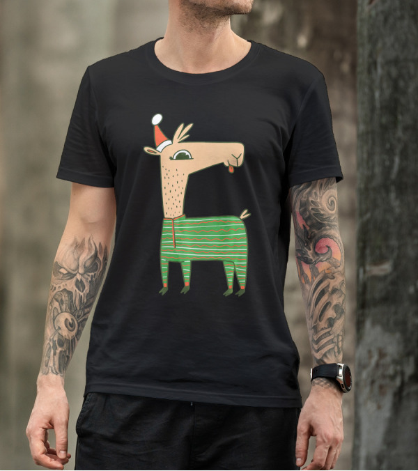 Llama Alpaca Santa Claus Christmas X Mas Festive Sweater Holiday Stripes T-Shirt