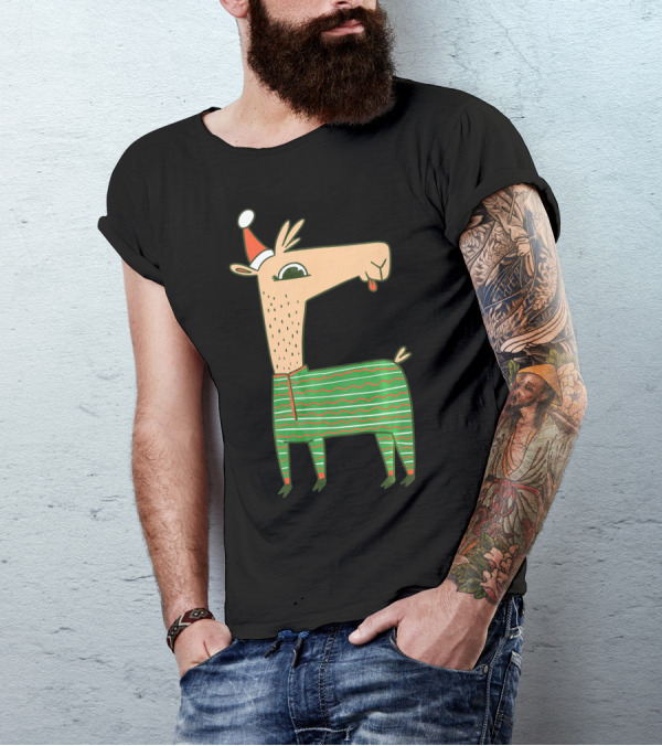 Llama Alpaca Santa Claus Christmas X Mas Festive Sweater Holiday Stripes T-Shirt