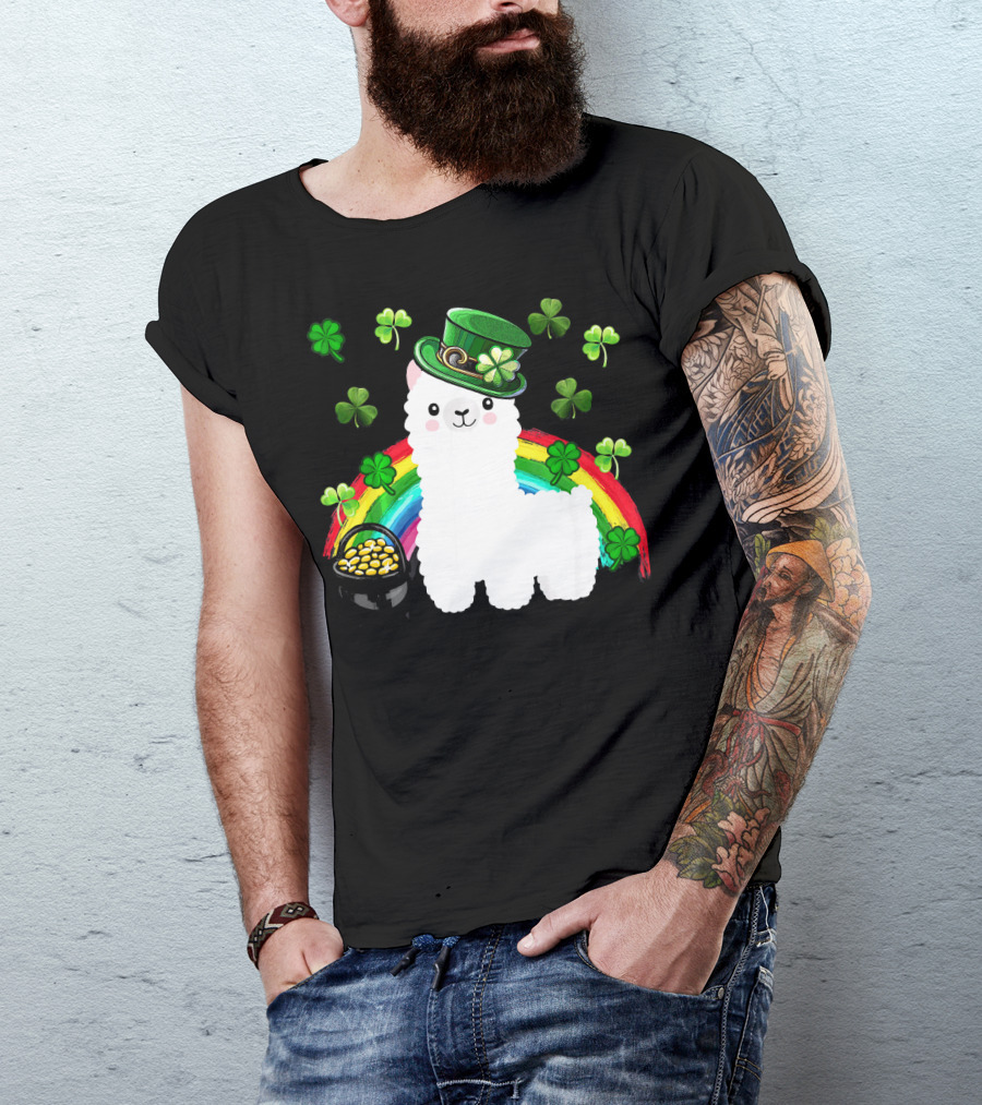 Llama Alpaca Leprechaun St. Patrick's Day Rainbow Clover Hat Gold T-Shirt