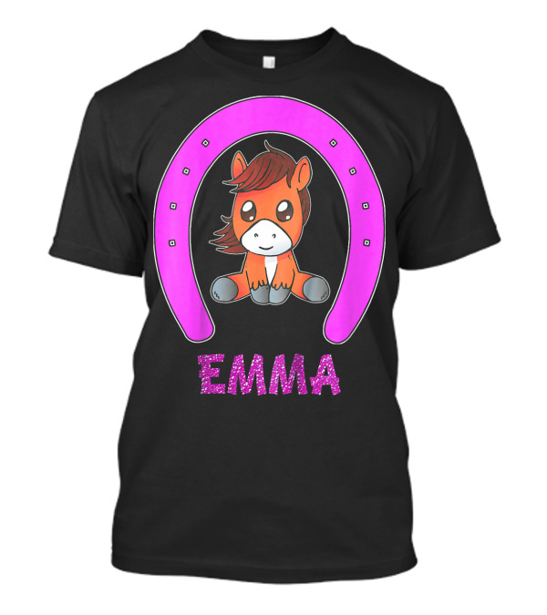 Emma Horse Personalized Name With Pink Horseshoe And Cute Cartoon Horse T-Shirt