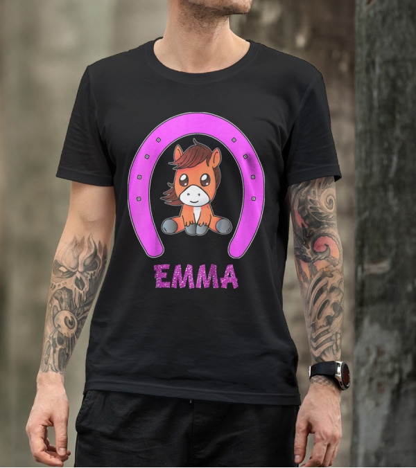 Emma Horse Personalized Name With Pink Horseshoe And Cute Cartoon Horse T-Shirt