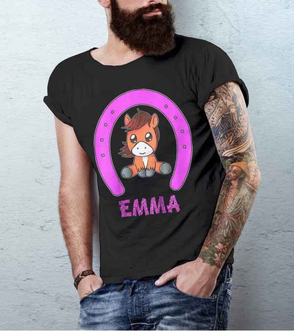 Emma Horse Personalized Name With Pink Horseshoe And Cute Cartoon Horse T-Shirt