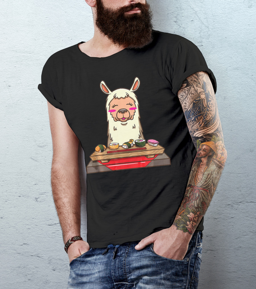 Llama Enjoying Sushi Alpaca And Japanese Food Delight T-Shirt