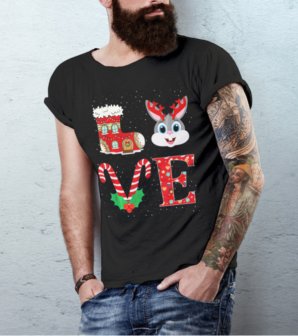 LOVE Christmas Boot Rabbit Reindeer Antlers Candy Cane Holly T-Shirt