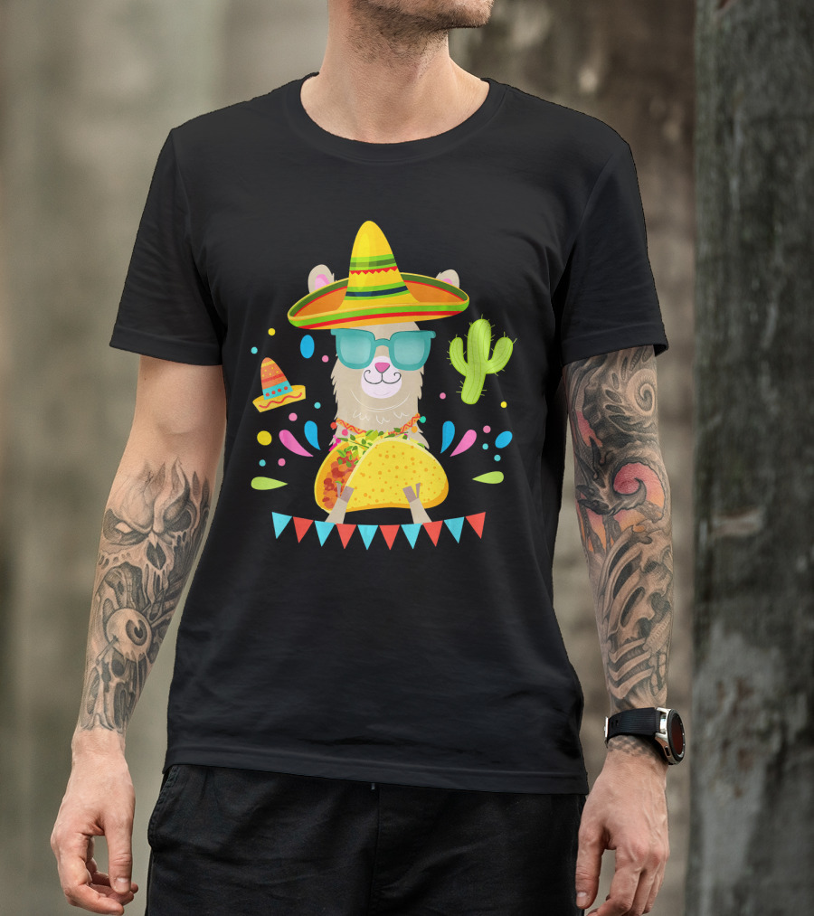 Llama Eating Taco Cool Sombrero Cactus Fiesta Mexican T-Shirt