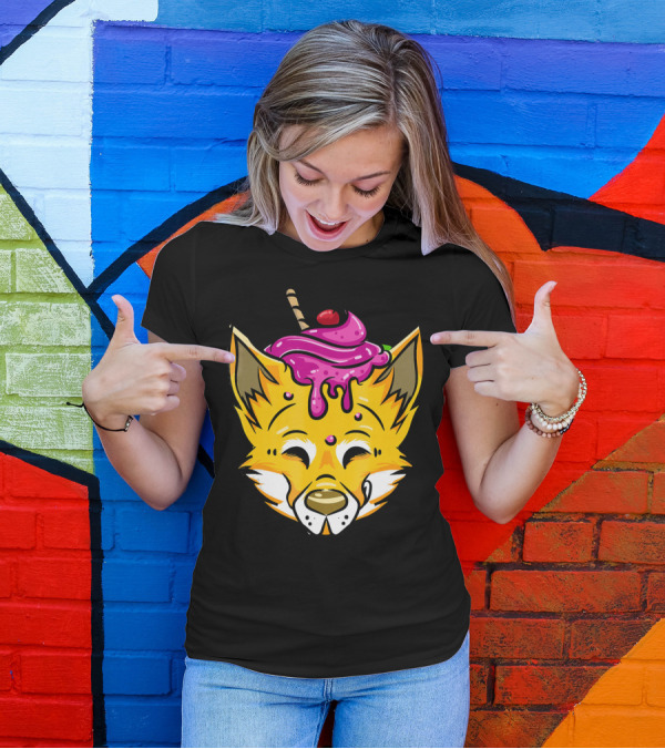 Ice Cream Sundae Fox With Cherry And Sprinkles Wolf Face T-Shirt