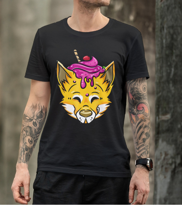 Ice Cream Sundae Fox With Cherry And Sprinkles Wolf Face T-Shirt