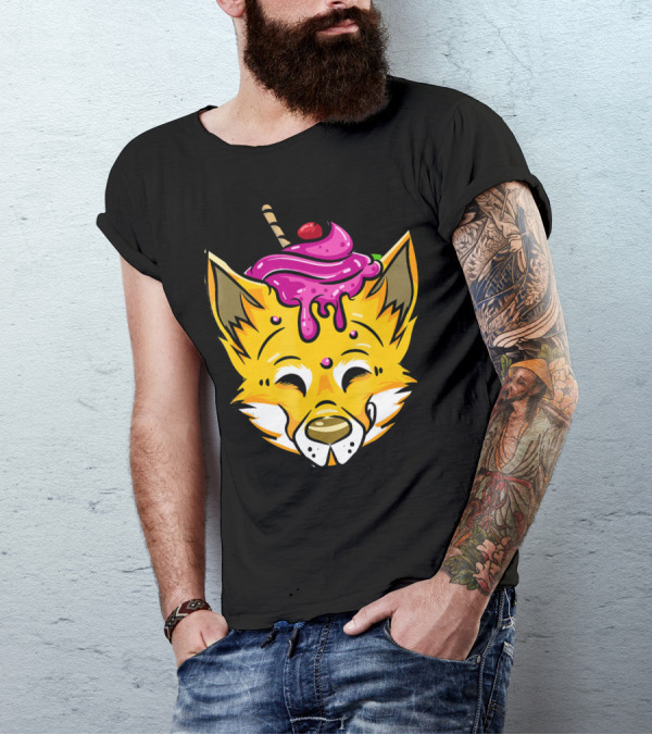 Ice Cream Sundae Fox With Cherry And Sprinkles Wolf Face T-Shirt
