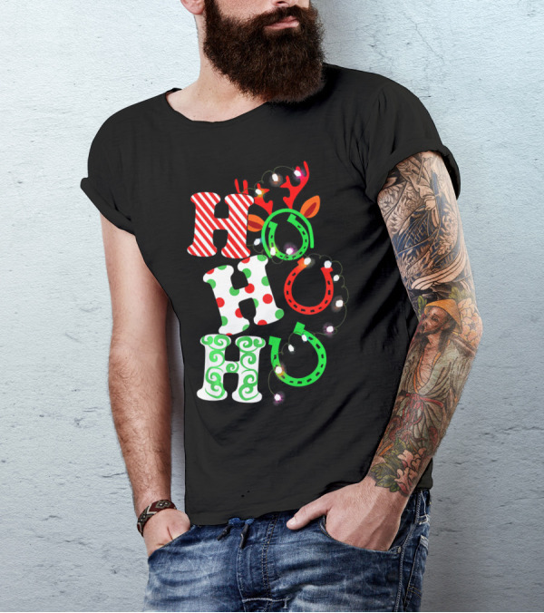 Ho Ho Ho Horse Hoof Funny For Ridin' Christmas Reindeer Light Decoration T-Shirt