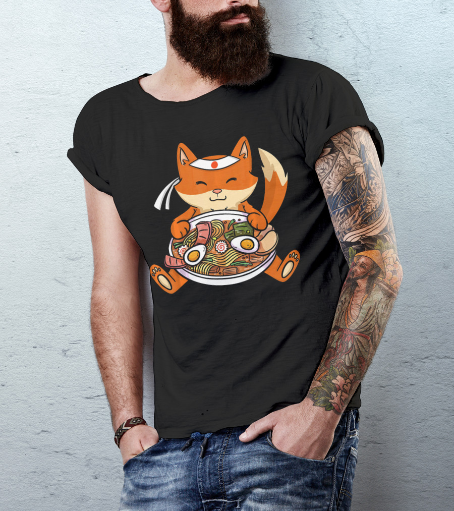 Japanese Anime Kawaii Fox Enjoying Ramen Bowl T-Shirt