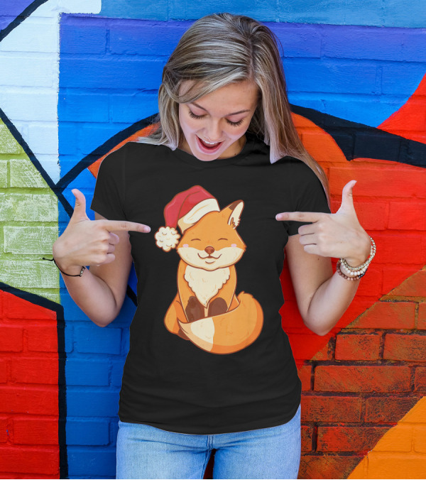 Kawaii Fox In Santa Hat Christmas T-Shirt