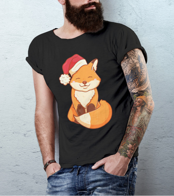 Kawaii Fox In Santa Hat Christmas T-Shirt