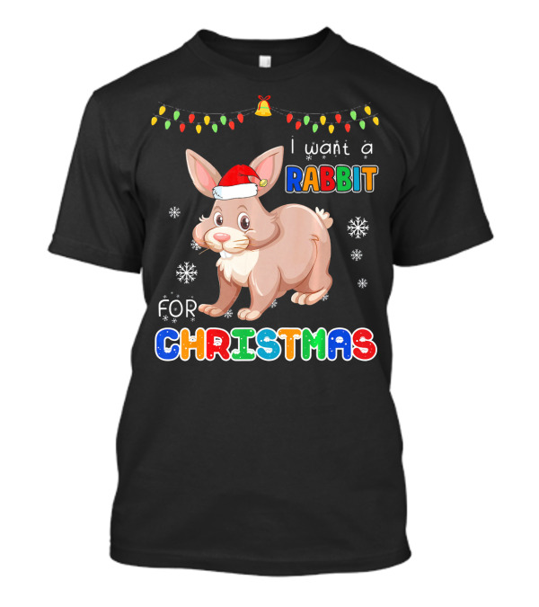 I Want A Rabbit For Christmas Santa Hat String Lights Snowflakes T-Shirt