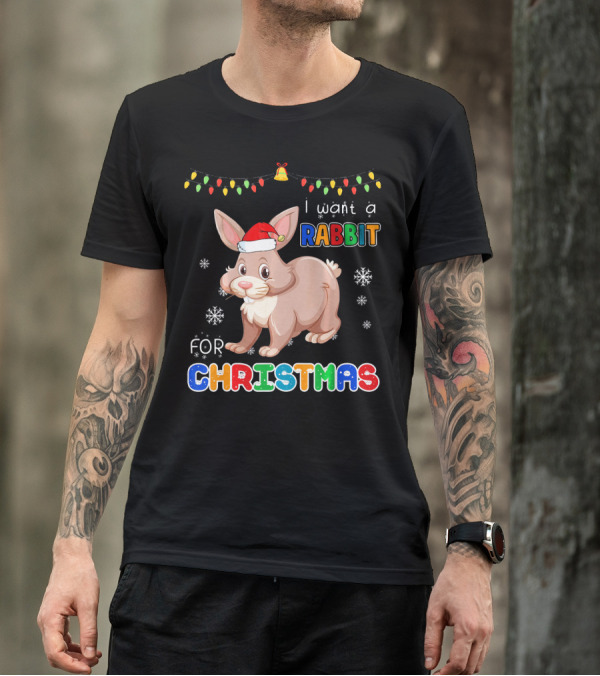 I Want A Rabbit For Christmas Santa Hat String Lights Snowflakes T-Shirt