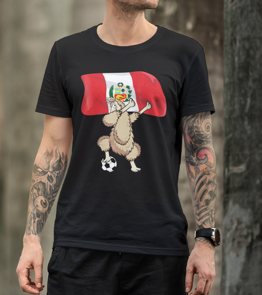 Llama Dabbing Soccer Peru Flag Football T-Shirt