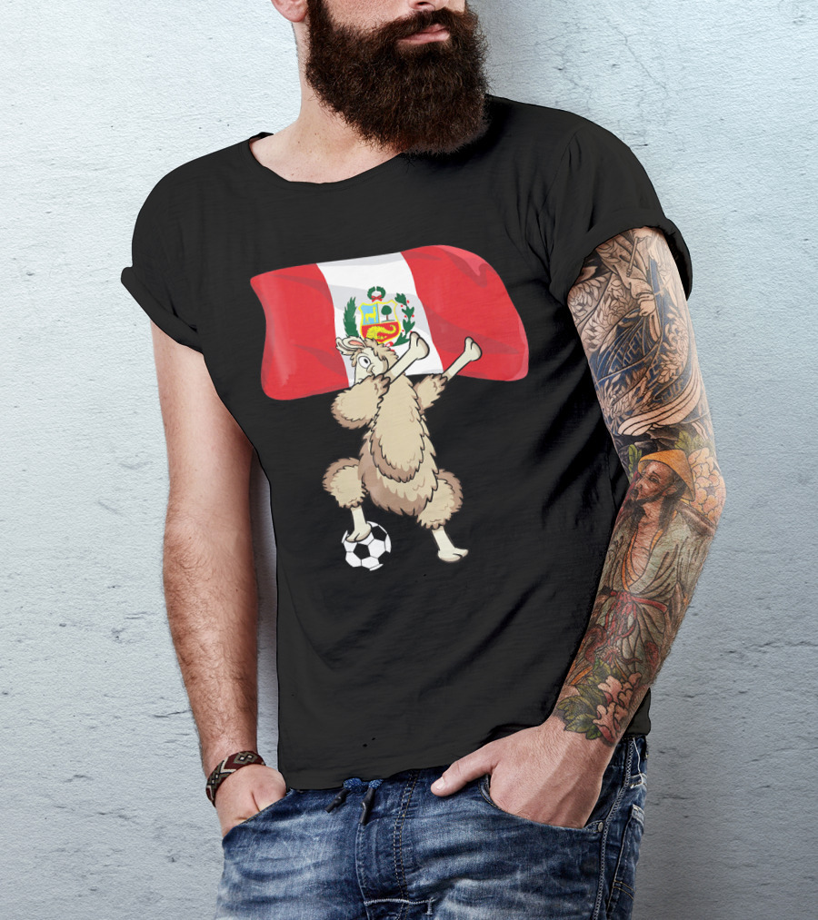 Llama Dabbing Soccer Peru Flag Football T-Shirt