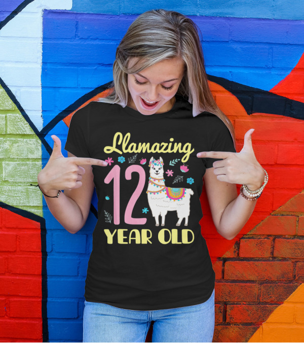 Llamazing 12 Year Old Birthday Celebration With Colorful Floral Llama T-Shirt
