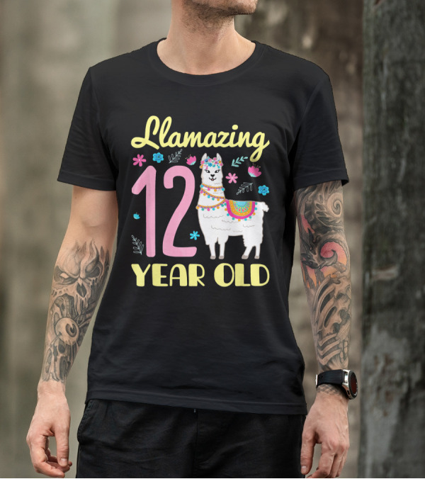 Llamazing 12 Year Old Birthday Celebration With Colorful Floral Llama T-Shirt
