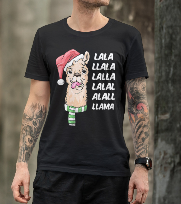 Lala Llama Christmas Santa Hat Funny Holiday Llama T-Shirt