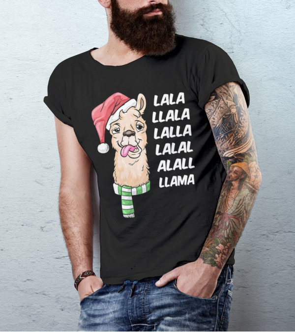 Lala Llama Christmas Santa Hat Funny Holiday Llama T-Shirt