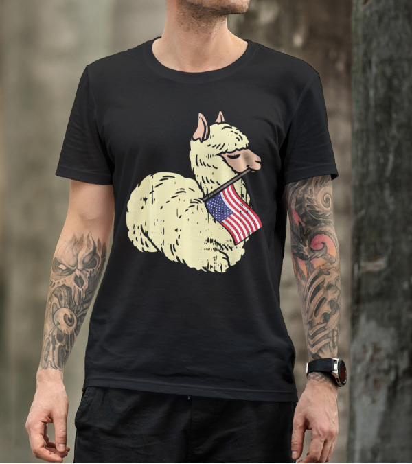 Llama Holding American Flag Cute Alpaca T-Shirt