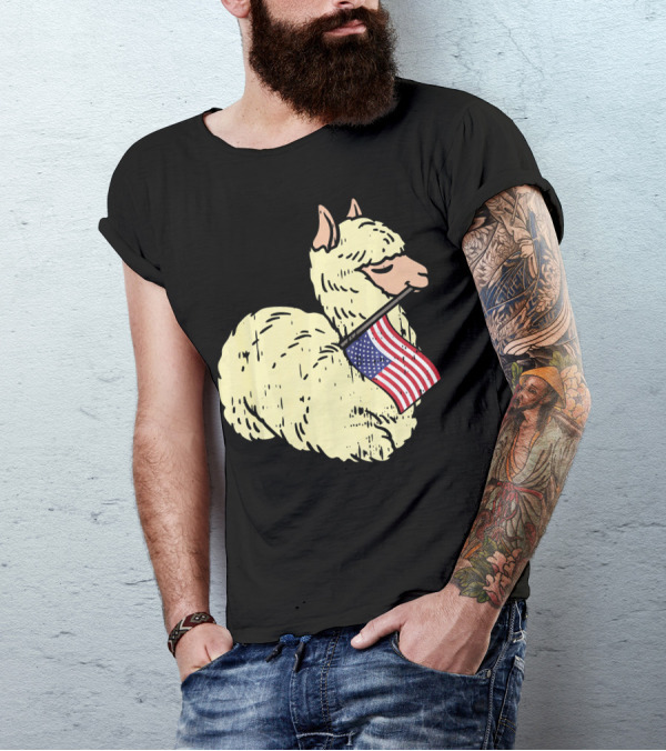 Llama Holding American Flag Cute Alpaca T-Shirt