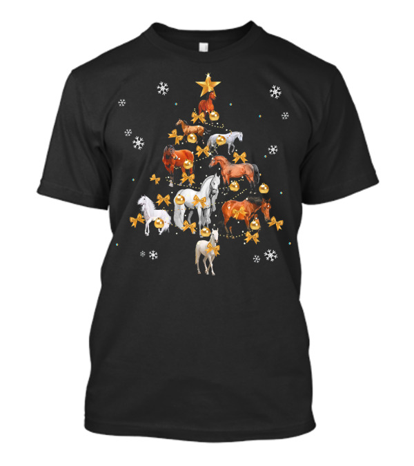 Horse Christmas Tree Lights Snowflakes Festive Bow Fun T-Shirt