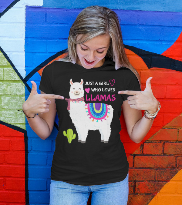 JUST A GIRL WHO LOVES LLAMAS HEARTS CUTE LLAMA WITH COLORFUL SADDLE AND CACTUS T-Shirt