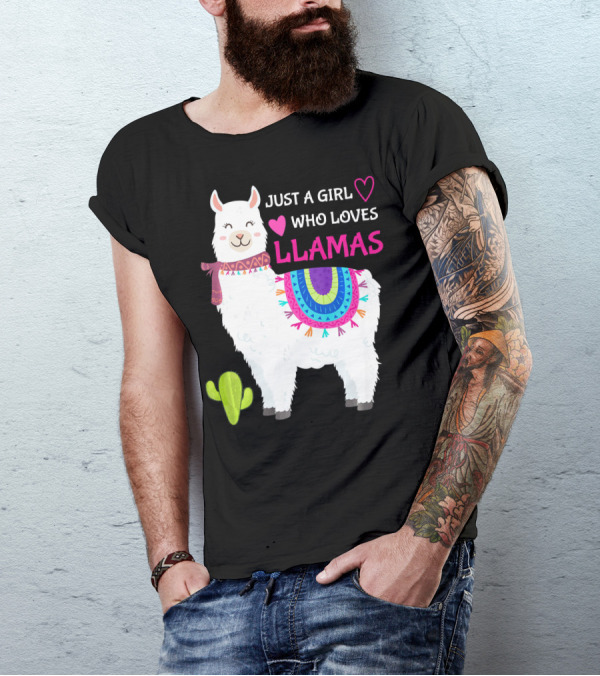 JUST A GIRL WHO LOVES LLAMAS HEARTS CUTE LLAMA WITH COLORFUL SADDLE AND CACTUS T-Shirt