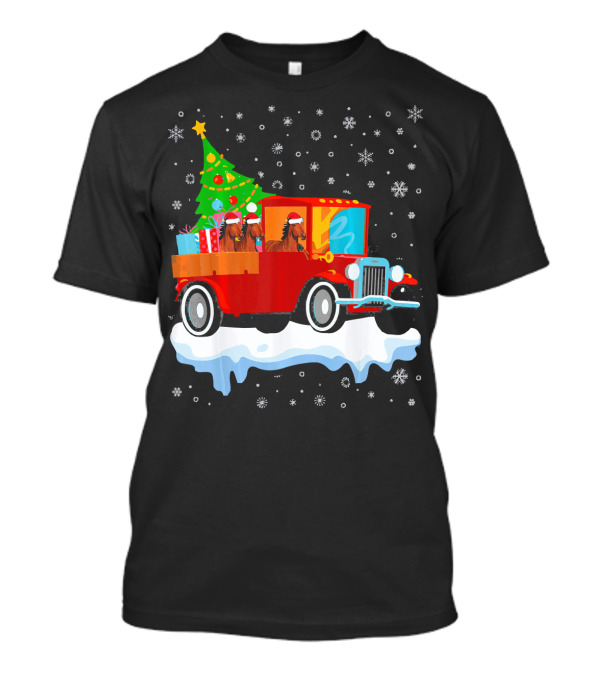 Horse With Santa Hat Christmas Tree Old Truck Merr T-Shirt
