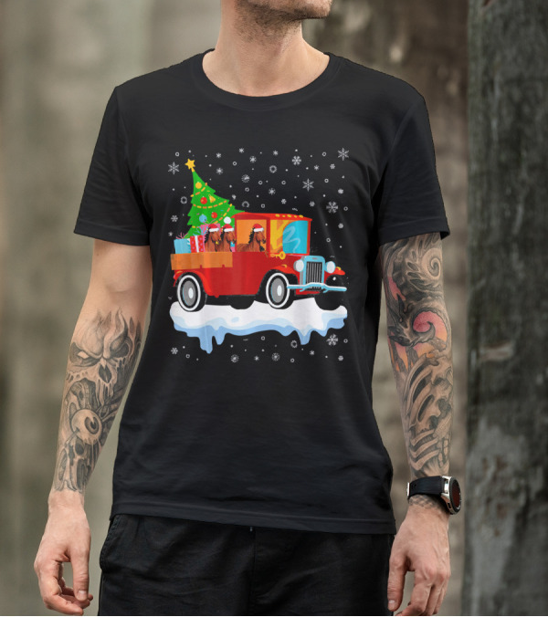 Horse With Santa Hat Christmas Tree Old Truck Merr T-Shirt