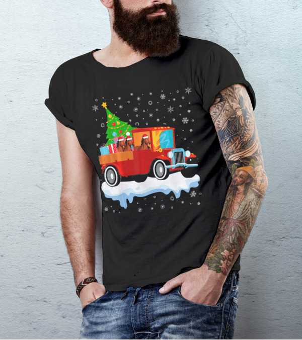Horse With Santa Hat Christmas Tree Old Truck Merr T-Shirt