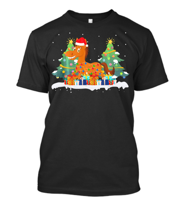 Horse Wrapped In Christmas Lights With Santa Hat Among Festive Trees And Gifts T-Shirt