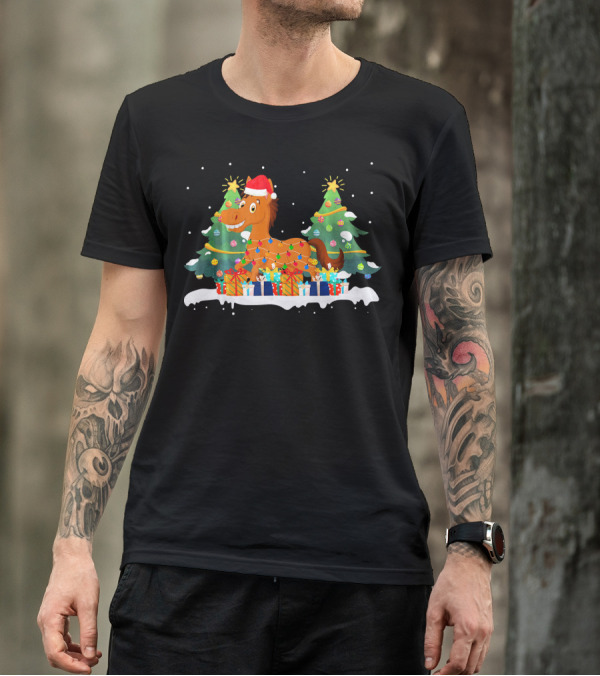 Horse Wrapped In Christmas Lights With Santa Hat Among Festive Trees And Gifts T-Shirt